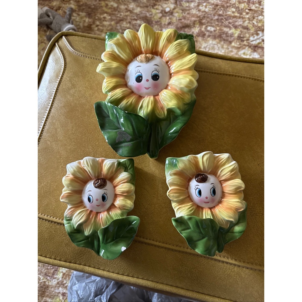 Vintage Anthropomorphic Sunflower Wall Pocket Set Ceramic Flower Face Planters